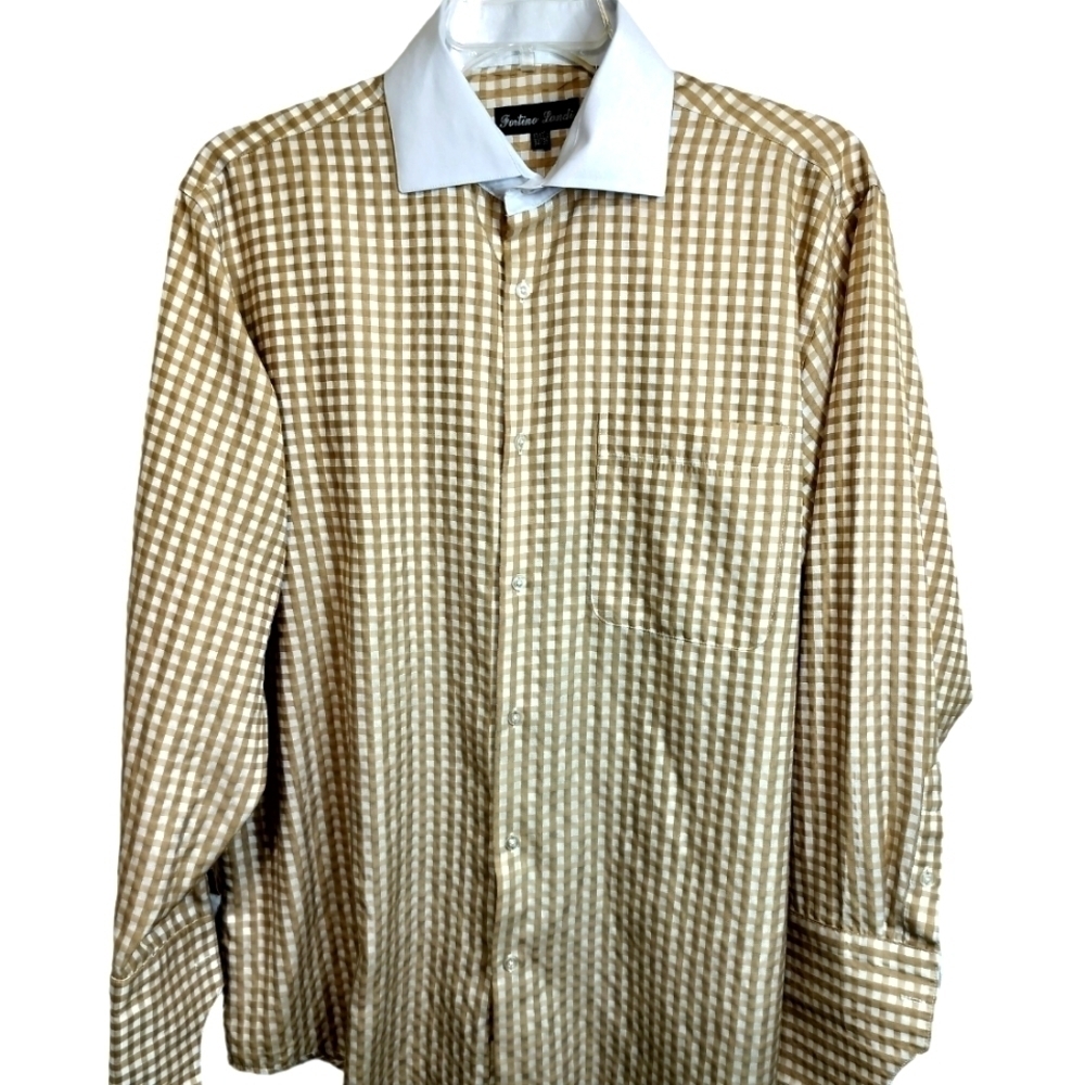 MN4)Fortino Landi Spread Collar,Long Sleeve,French cuff, Tan Gingham Dress Shirt